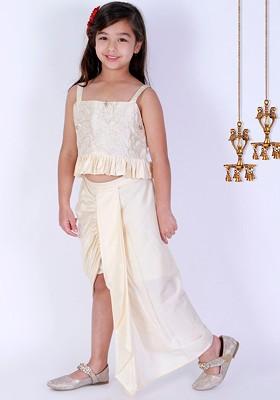 Cream Embroidered Blended Lehenga Choli For Girls