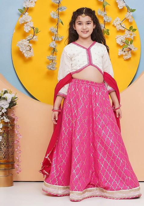 Pink Embroidered Cotton Blend Lehenga Choli For Girls — view on Indya