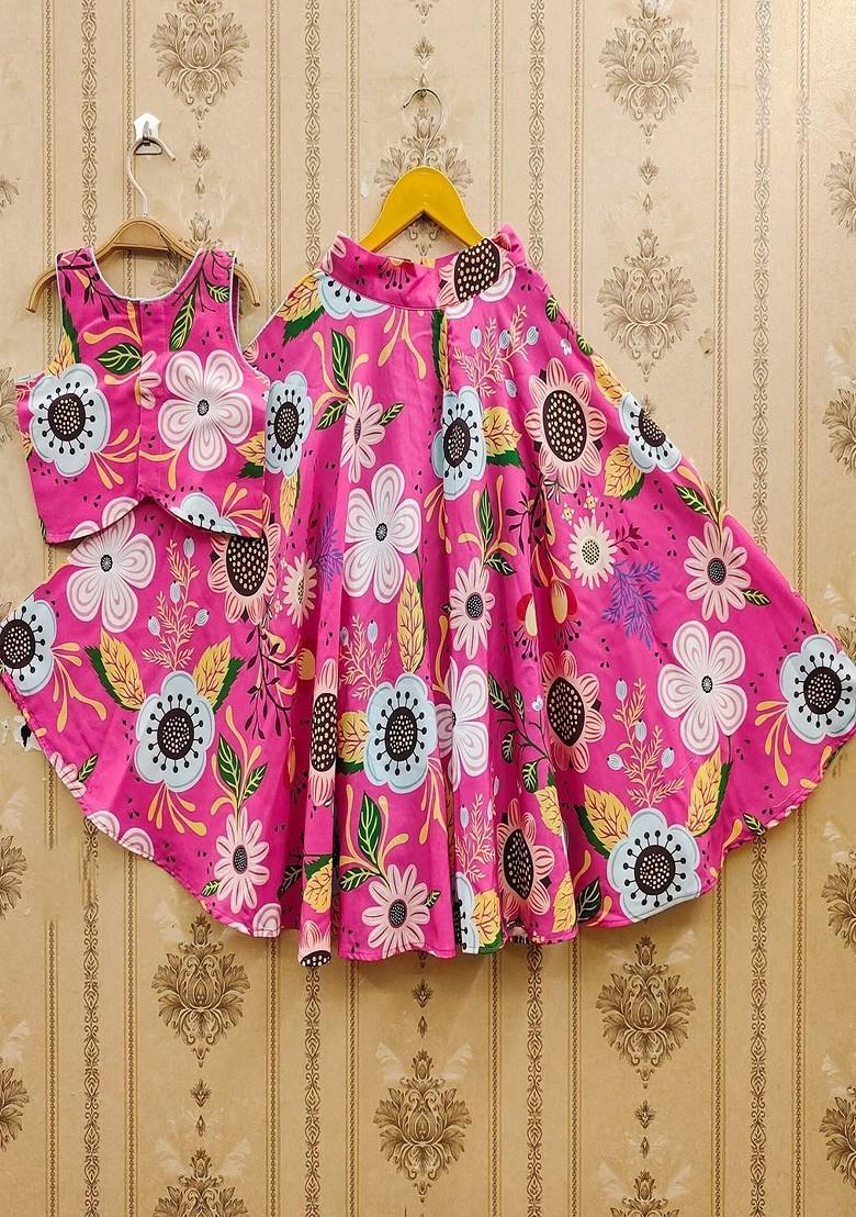 Pink Printed Blended Lehenga Choli For Girls - Indya