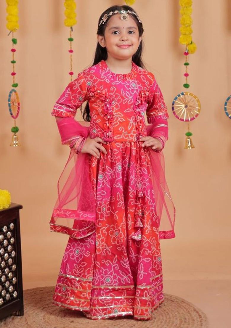 Red Printed Blended Lehenga Choli For Girls - Indya