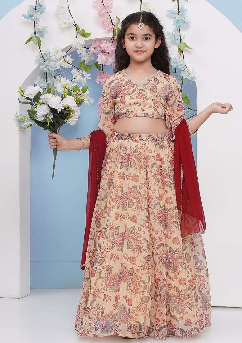 Beige Printed Blended Lehenga Choli For Girls - Indya