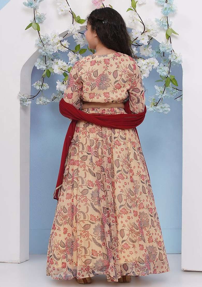 Beige Printed Blended Lehenga Choli For Girls - Indya