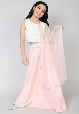Pink Embroidered Cotton Blend Lehenga Choli For Girls