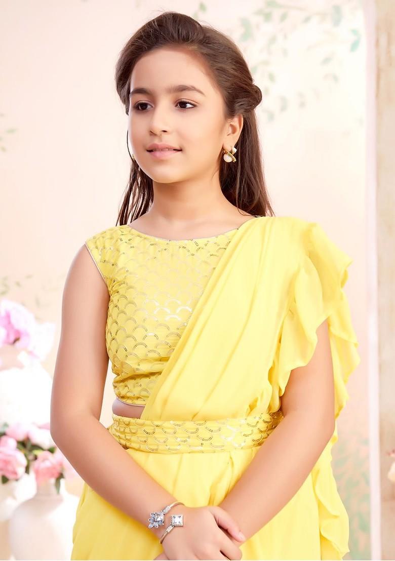Yellow Embroidered Georgette Lehenga Choli For Girls - Indya