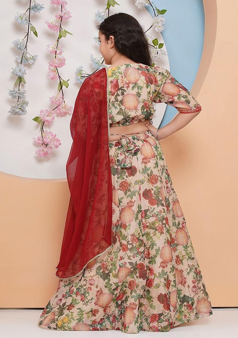 Beige Printed Blended Lehenga Choli For Girls - Indya
