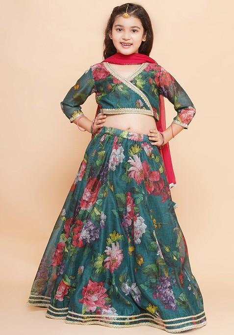 Green Printed Blended Lehenga Choli For Girls — view on Indya