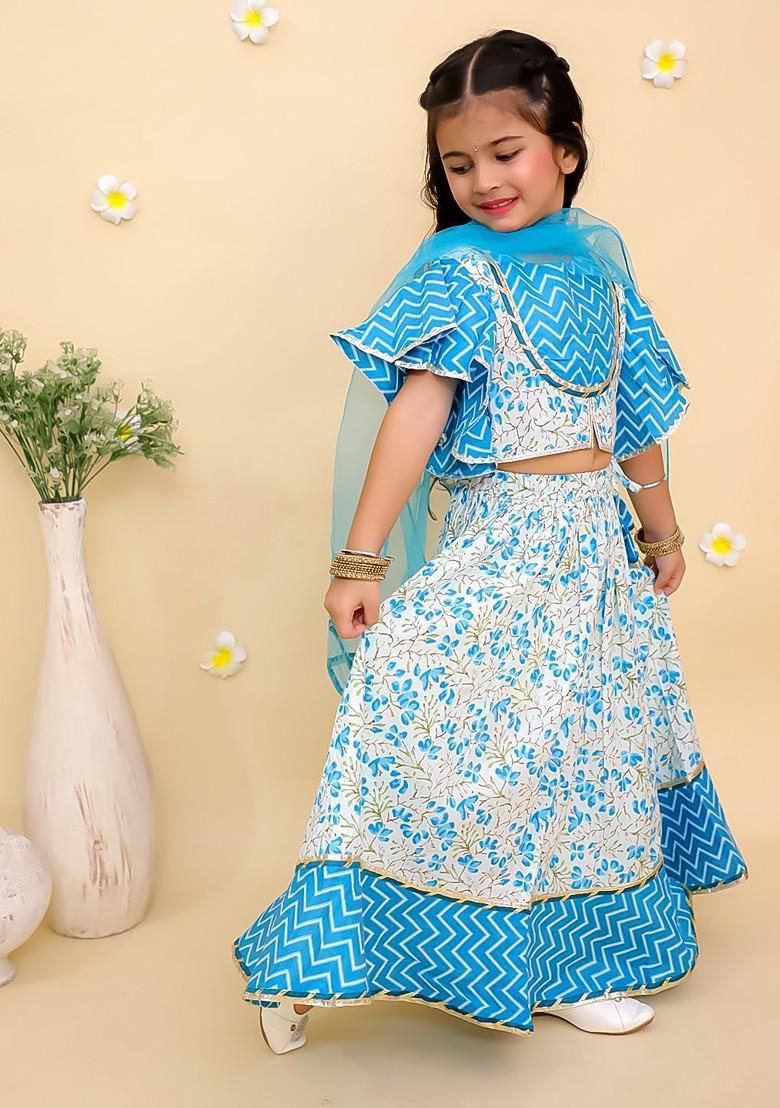 Blue Printed Blended Lehenga Choli For Girls - Indya