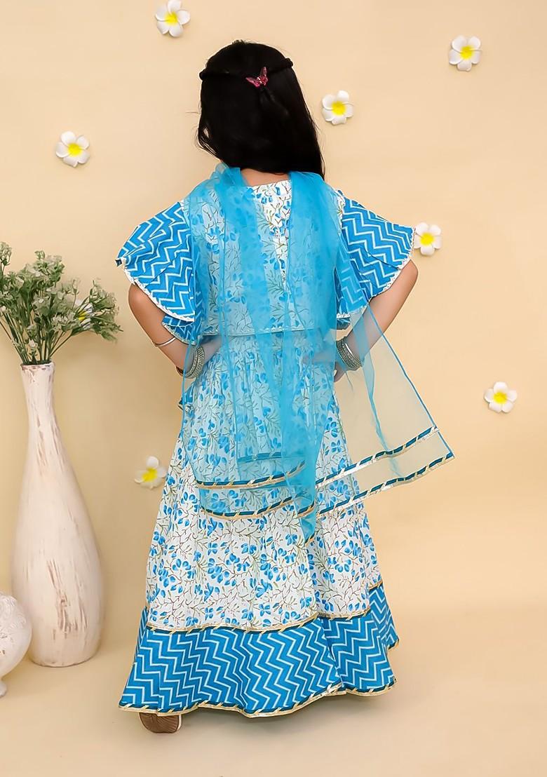 Blue Printed Blended Lehenga Choli For Girls - Indya