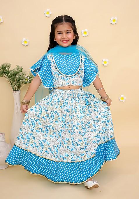 Blue Printed Blended Lehenga Choli For Girls — view on Indya