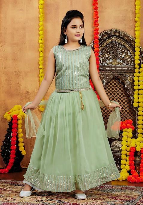 Green Embellished Net Lehenga Choli For Girls — view on Indya