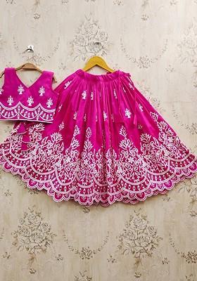 Pink Embroidered Blended Lehenga Choli For Girls