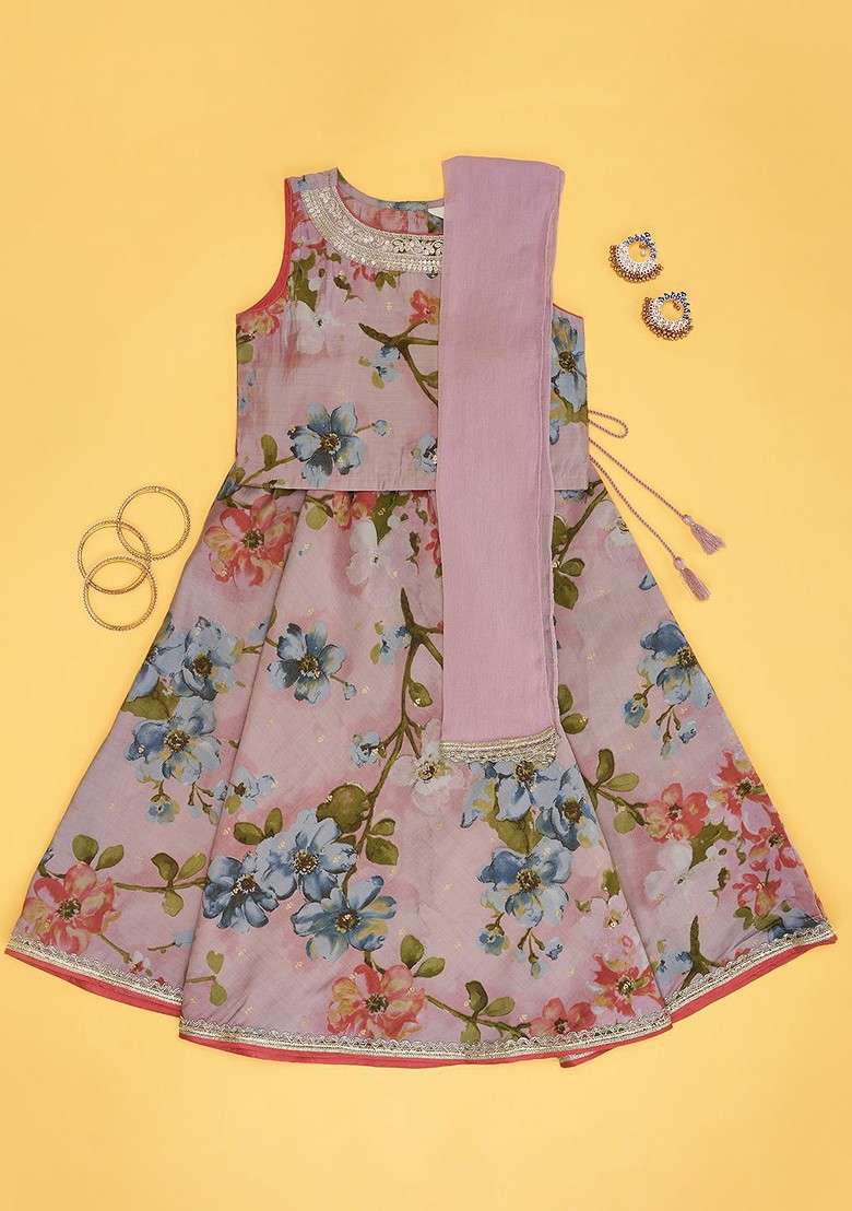 Rose Printed Blended Lehenga Choli For Girls - Indya