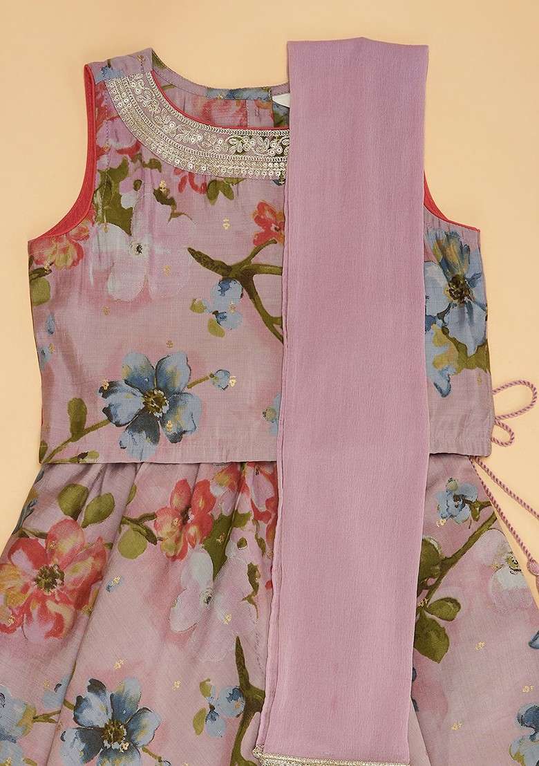 Rose Printed Blended Lehenga Choli For Girls - Indya