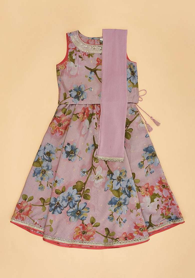 Rose Printed Blended Lehenga Choli For Girls - Indya