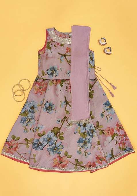 Rose Printed Blended Lehenga Choli For Girls