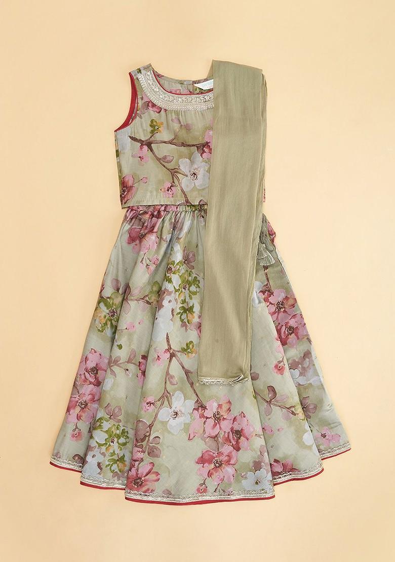 Green Printed Blended Lehenga Choli For Girls - Indya
