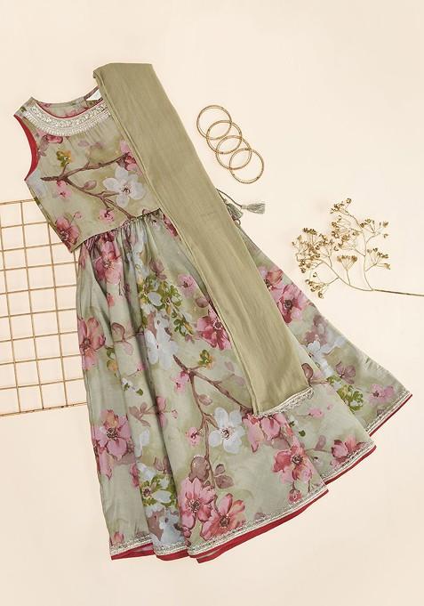 Green Printed Blended Lehenga Choli For Girls — view on Indya
