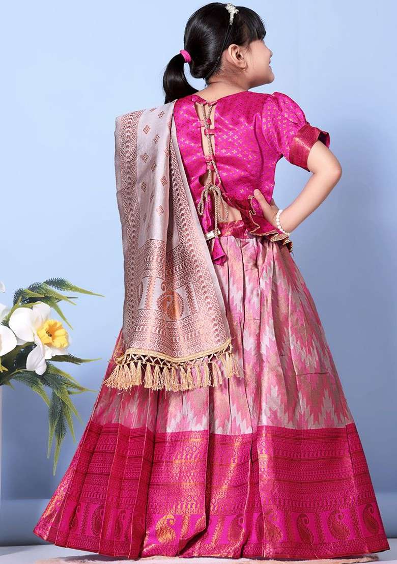 Fuchsia Embroidered Blended Lehenga Choli For Girls - Indya