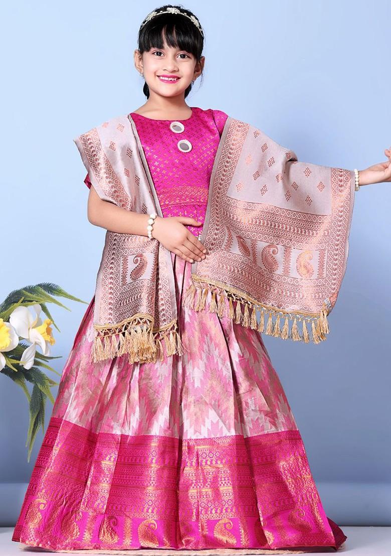 Fuchsia Embroidered Blended Lehenga Choli For Girls - Indya