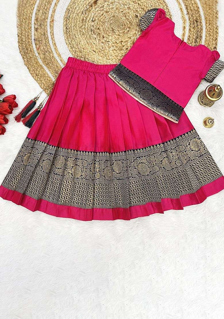 Pink Zari Blended Lehenga Choli For Girls - Indya