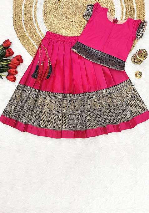 Pink Zari Blended Lehenga Choli For Girls