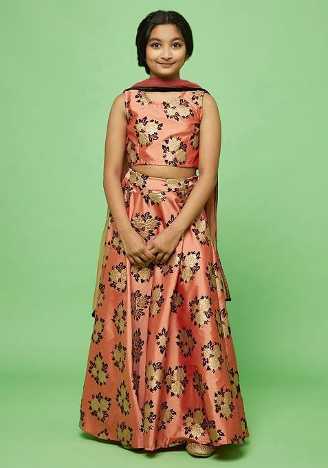 Rose Gold Printed Blended Lehenga Choli For Girls — view on Indya