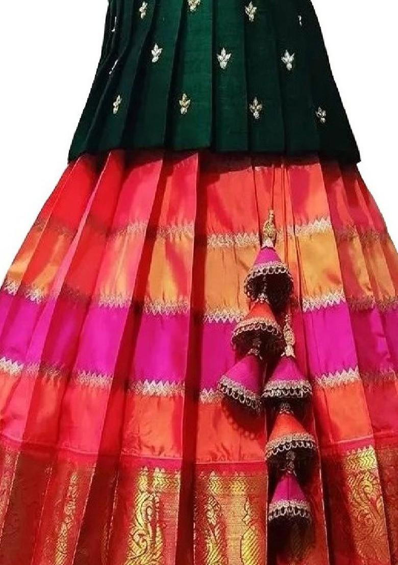 Green Embroidered Blended Lehenga Choli For Girls - Indya