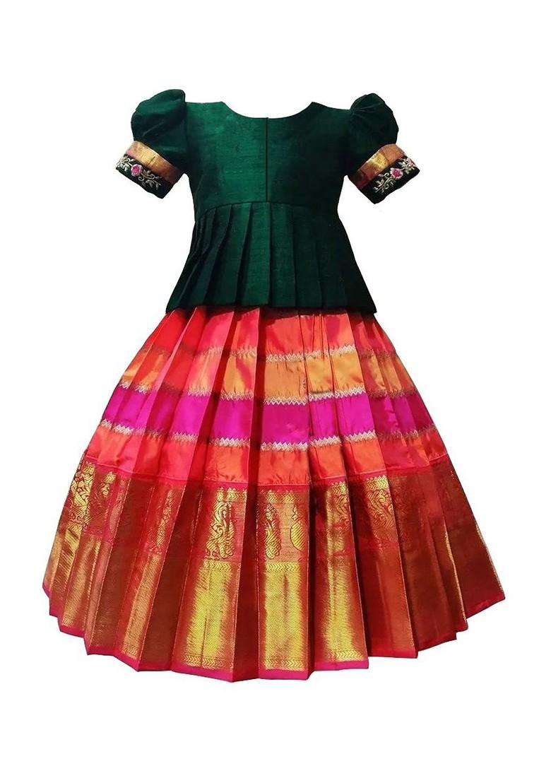 Green Embroidered Blended Lehenga Choli For Girls - Indya