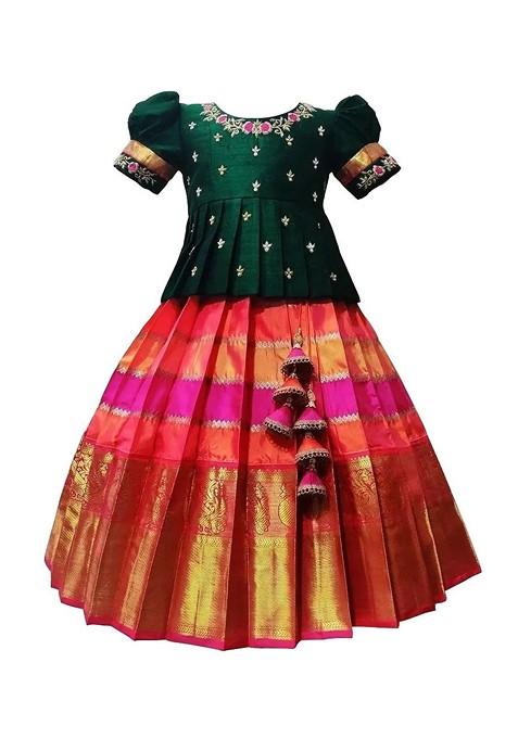 Green Embroidered Blended Lehenga Choli For Girls — view on Indya