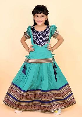 Turquoise Blue Zari Blended Lehenga Choli For Girls