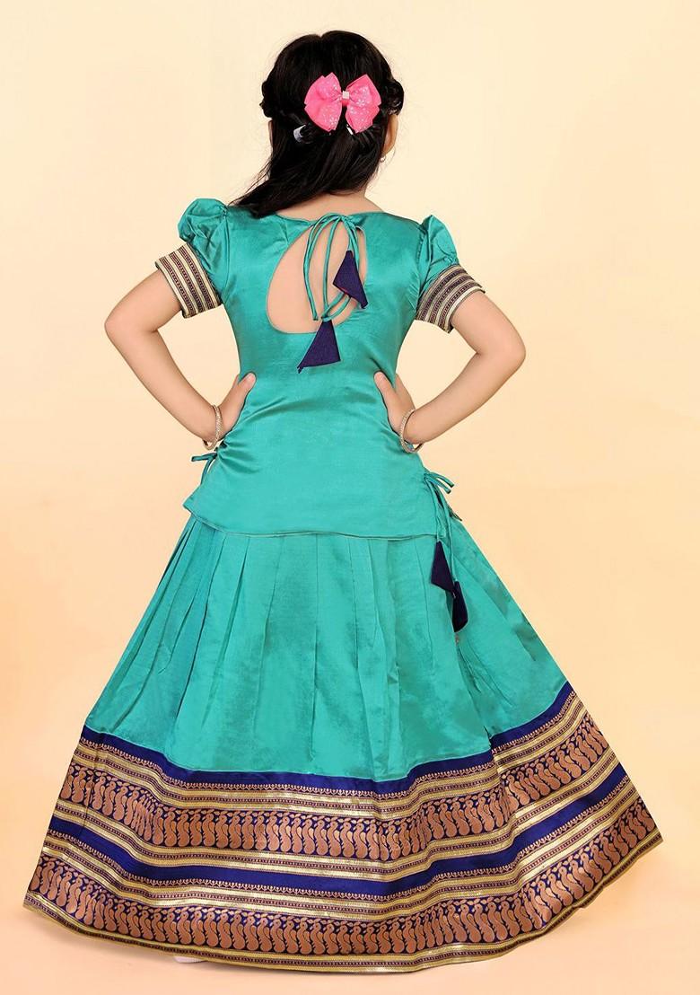 Turquoise Blue Zari Blended Lehenga Choli For Girls - Indya