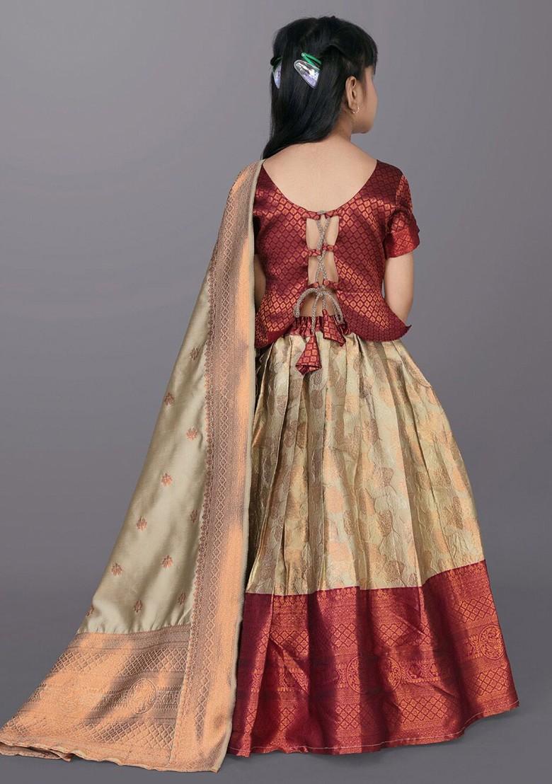 Beige Embroidered Blended Lehenga Choli For Girls - Indya
