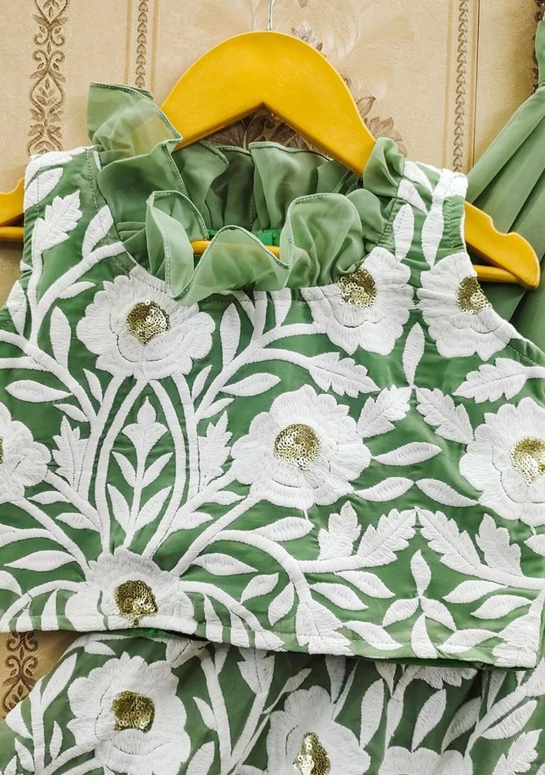 Sea Green Embroidered Silk Lehenga Choli For Girls - Indya