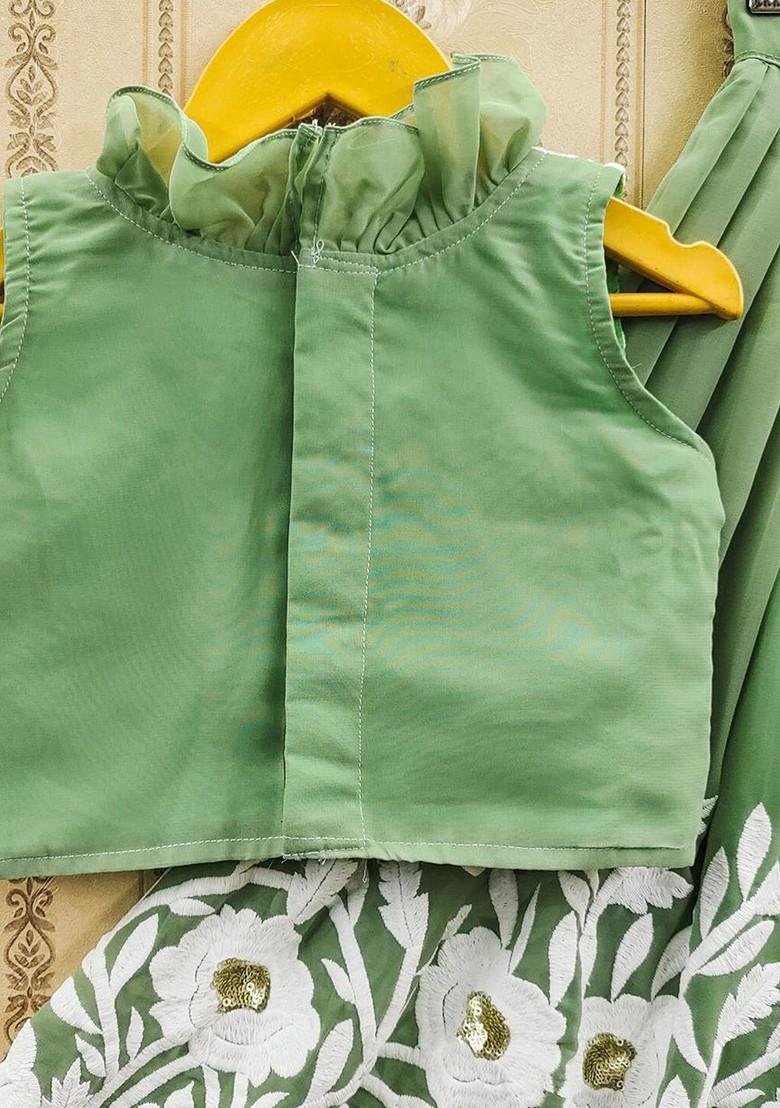 Sea Green Embroidered Silk Lehenga Choli For Girls - Indya