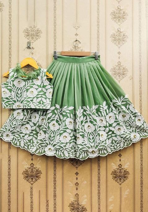 Sea Green Embroidered Silk Lehenga Choli For Girls — view on Indya