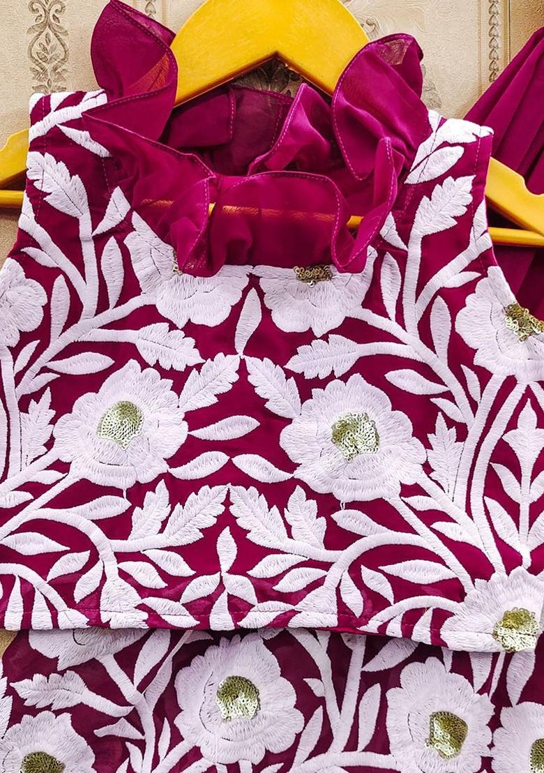 Pink Embroidered Silk Lehenga Choli For Girls - Indya