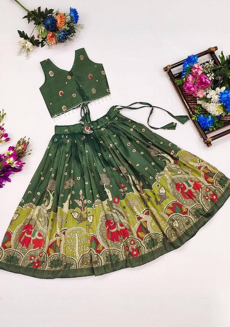 Green Printed Blended Lehenga Choli For Girls - Indya