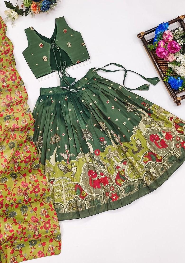 Green Printed Blended Lehenga Choli For Girls - Indya