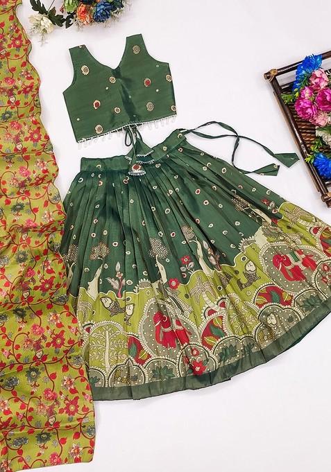 Green Printed Blended Lehenga Choli For Girls — view on Indya