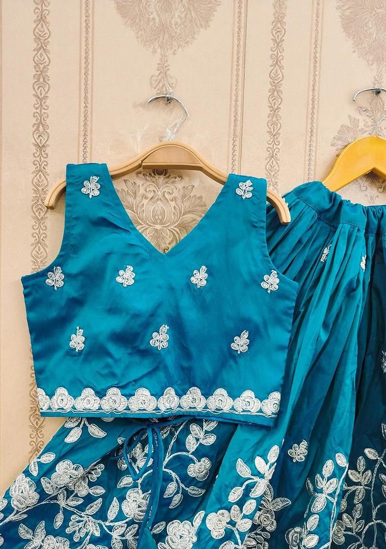 Turquoise Blue Embellished Silk Lehenga Choli For Girls - Indya