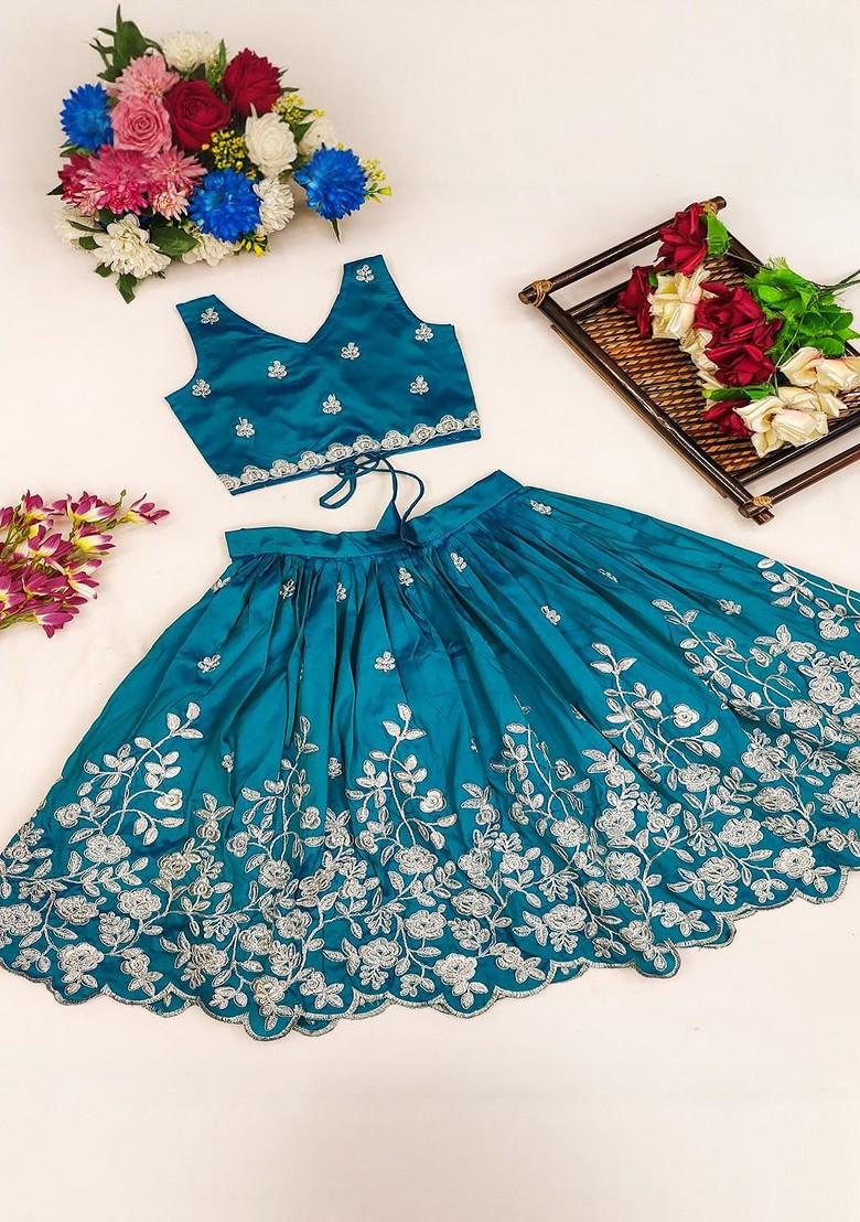 Turquoise Blue Embellished Silk Lehenga Choli For Girls - Indya
