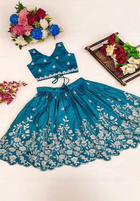 Turquoise Blue Embellished Silk Lehenga Choli For Girls — view on Indya