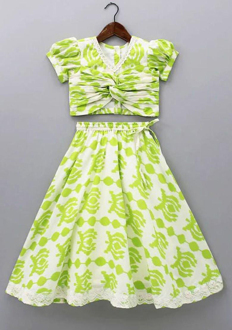 Green Printed Blended Lehenga Choli For Girls - Indya