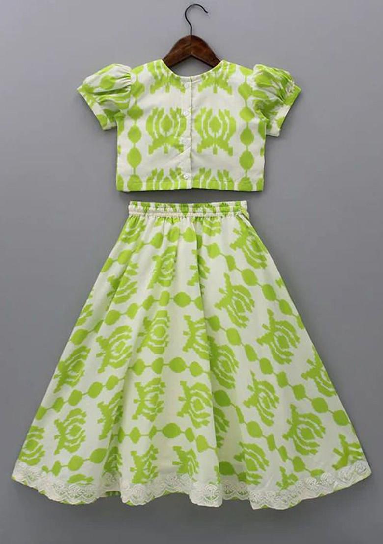Green Printed Blended Lehenga Choli For Girls - Indya