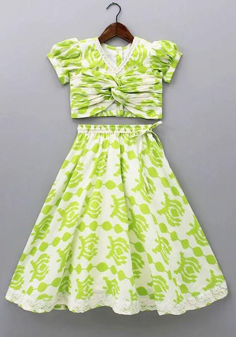 Green Printed Blended Lehenga Choli For Girls