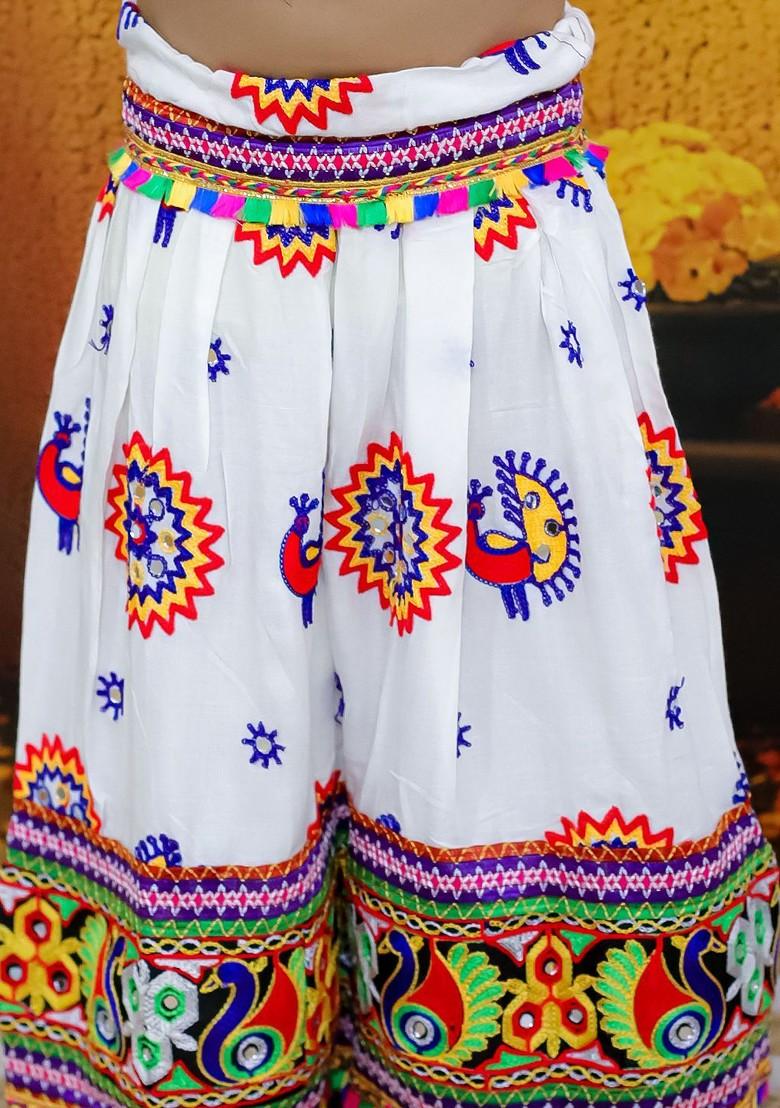 White Embroidered Cotton Blend Lehenga Choli For Girls - Indya