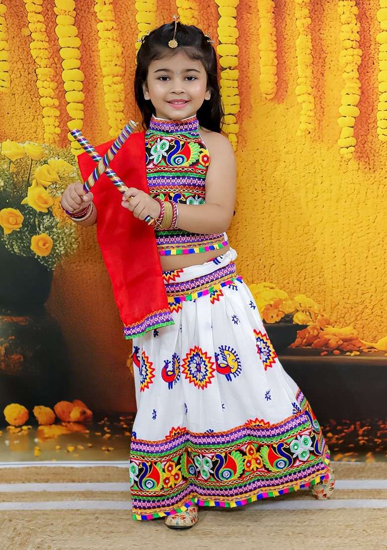 White Embroidered Cotton Blend Lehenga Choli For Girls - Indya