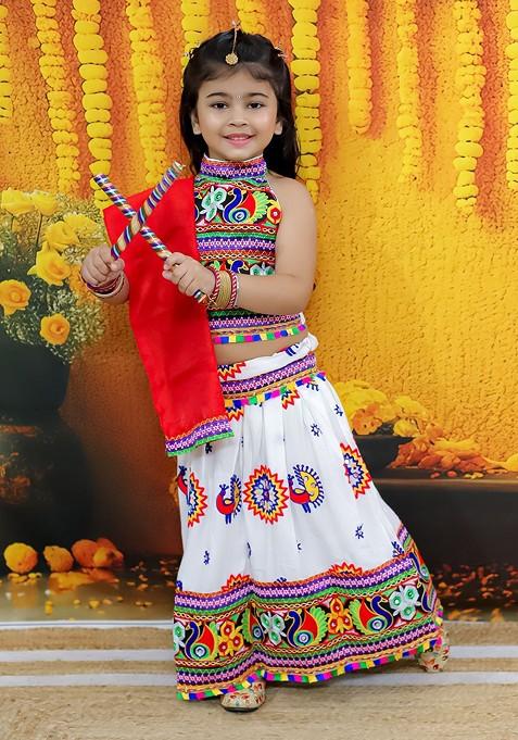 White Embroidered Cotton Blend Lehenga Choli For Girls — view on Indya