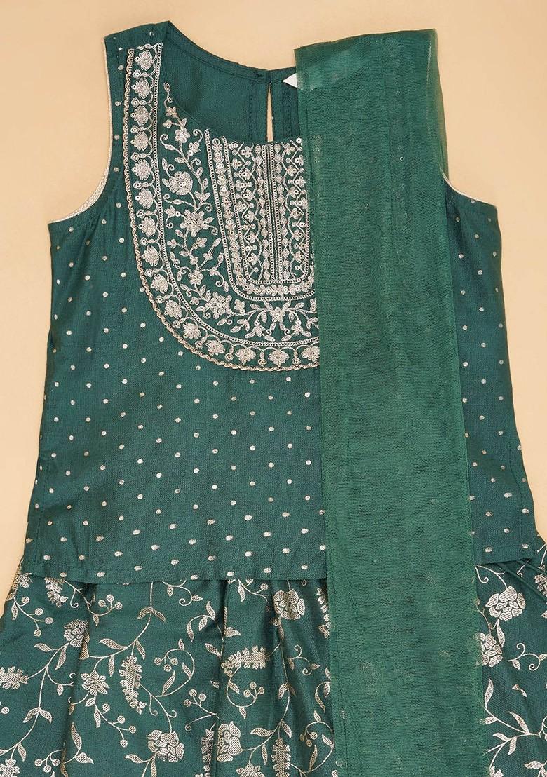Green Embellished Blended Lehenga Choli For Girls - Indya