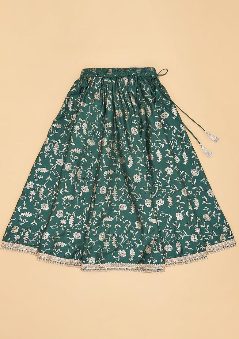 Green Embellished Blended Lehenga Choli For Girls - Indya